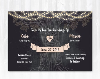 Rustic Tree Wedding Invitation with String Lights DIY PRINTABLE Digital File or Print+ Chalkboard Wedding Invitation String Lights Wedding