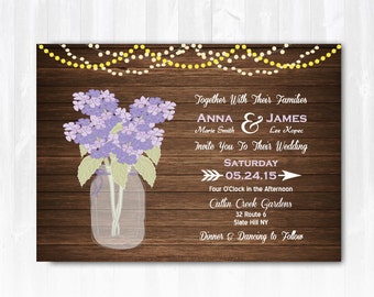 Hydrangea Wedding Invitation DIY PRINTABLE Digital File or Print(extra) String Lights Wedding Invitation Rustic Mason Jar Wedding Invitation