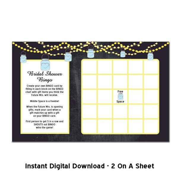 Chalkboard Mason Jar Bingo Bridal Shower Games INSTANT DOWNLOAD Printable Shower Games, Wedding Shower Games, DIY Bridal Games Shower Bingo