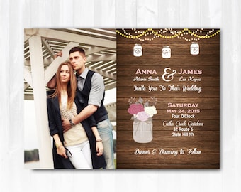 Rose Wedding Invitation DIY PRINTABLE Digital File or Print (extra) Mason Jar Wedding Invitation String Lights Wedding Invitation with Photo