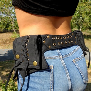 Festival belt , Pocket Belt , Steampunk Utility belt , Electric Forest Bum Bag , Hip Bag in black cotton canvas , Lace Model