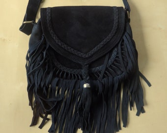 Black Suede Frill Shoulder Bag , Hippie , Bohemian Style