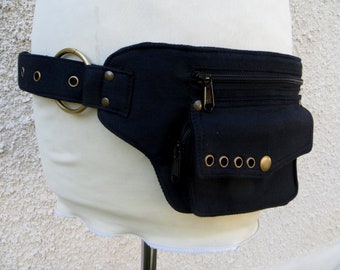 Hip Bag , Ceinture de voyage en coton noir , Modèle Ring Pouch