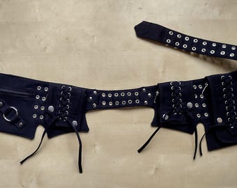 Festival Utility belt , Electric Forest Bum Bag , Hip Bag in black cotton canvas , Lace Model with Silver fitting