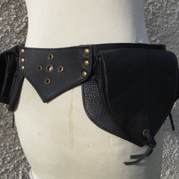 Black Leather Utility belt , Festival Steampunk Travel Belt , Pixie Leaf Model