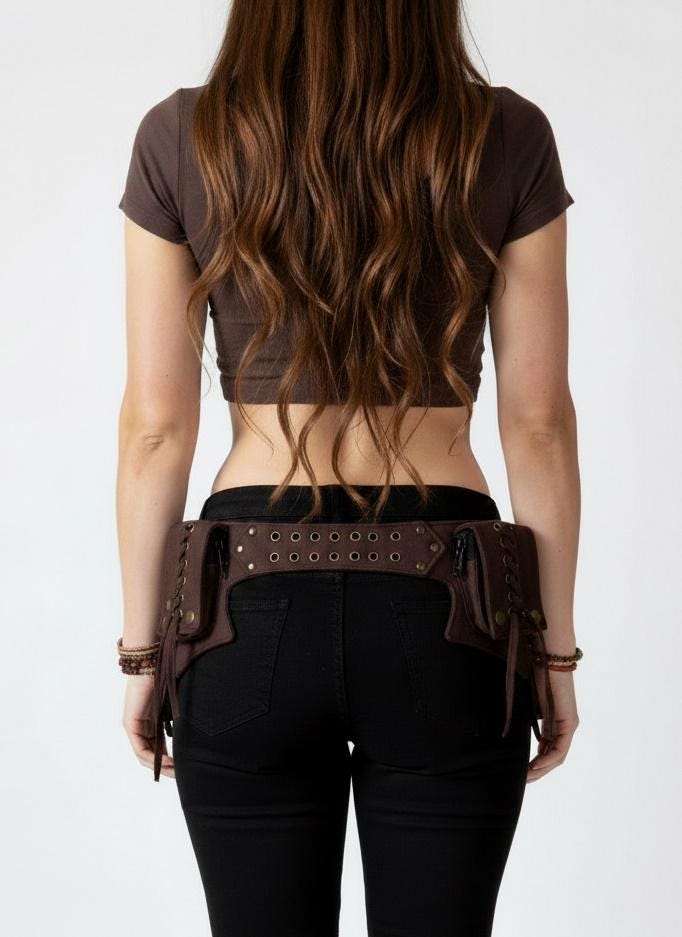 Waist Belt, Money belt, Festival Utility belt, brown cotton canvas hip bag, Lace Model