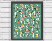 Home Decor Nursery Wall Art - Floral Alphabet Print (green) - 8x10 or 11x14