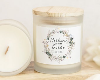 Mother of the Bride Personalized Candle • Wildflower Wreath Hand Poured Candle in Frosted Glass Customized Wedding Party Gift • Made in USA