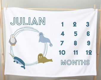 Arctic Ocean Animals Milestone Blanket / Personalized Baby Month Blanket Growth Blanket / Penguin Narwhal Seal Walrus