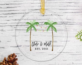 Palm Trees with Christmas Lights Personalized Christmas Ornament / Custom Glass Tropical Ornament / Our First Christmas Mr. and Mrs.