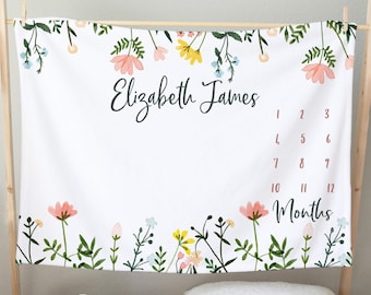 Personalized Wildflower Baby Milestone Blanket: Watercolor Botanical Design for Monthly Photos