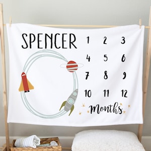 Personalized Outer Space Baby Milestone Blanket: Planets and Rockets Design for Monthly Photos