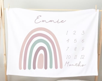 Rainbow Baby Milestone Blanket, Personalized Baby Girl Rainbow Month Blanket / Boho Modern
