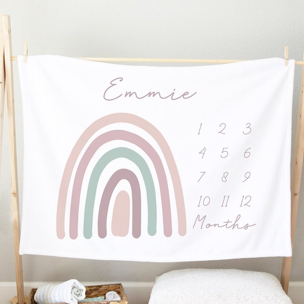 Rainbow Baby Milestone Blanket, Personalized Baby Girl Rainbow Month Blanket / Boho Modern