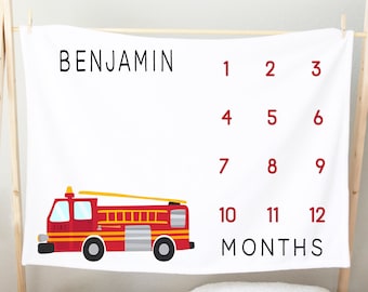 Fire Truck Personalized Milestone Blanket / Fire Engine Baby Month Blanket / Firefighter Baby Shower