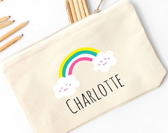 Rainbow Personalized Pencil Pouch // Custom Personalized Kids Sweet Rainbow with Happy Clouds Pencil Bag // Pencil Case