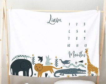 Safari Animal Baby Milestone Blanket, Personalized Baby Boy Baby Girl Month Blanket / Boho Modern Safari Jungle Animals Design