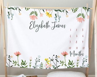Wildflower Baby Milestone Blanket, Personalized Baby Girl Month Blanket /Botanical Baby Girl Blanket, Watercolor Foliage, New Mom Gift