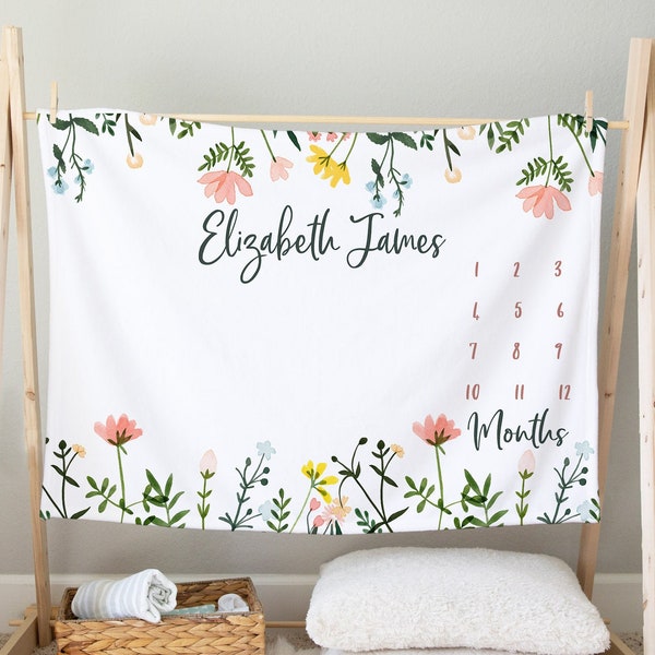 Wildflower Baby Milestone Blanket, Personalized Baby Girl Month Blanket /Botanical Baby Girl Blanket, Watercolor Foliage, New Mom Gift