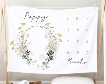 Personalized Wildflower Baby Milestone Blanket: Watercolor Cottagecore Botanical Design for Monthly Photos