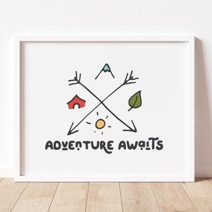 Adventure Awaits Wall Art Print Explore Outdoors Wall Art for Kids Bedroom Modern Nursery Room Decor Children's Printable Art image 1