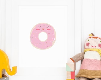 Smiling Donut Wall Art: Girls Room Pink Prints