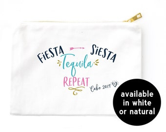 Fiesta Siesta Tequila Repeat Personalized Bachelorette Party Makeup Bag, Zippered Cosmetic Bag Bachelorette Survival Kit, Cabo, Cancun