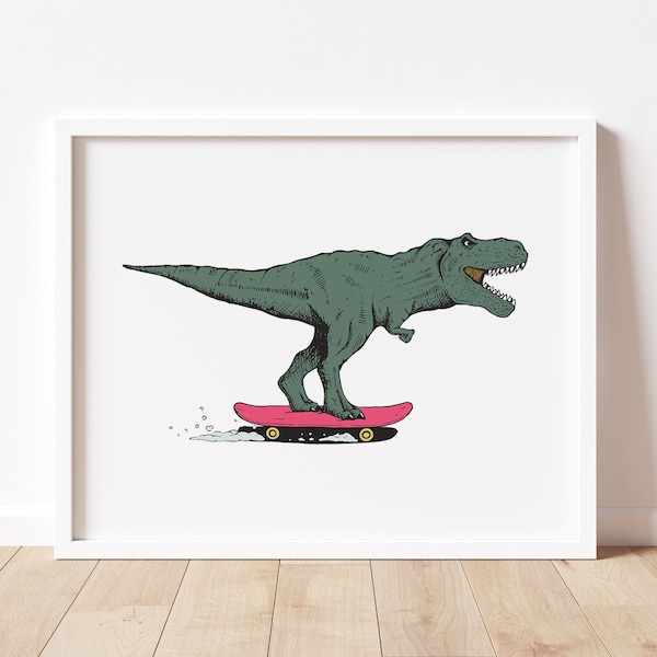 Skating T-Rex Wall Art • Skate Art for Kids Bedroom • Kids Skating Dinosaur Decor • Printable Art for a Cool Beach Themed Boys Bedroom