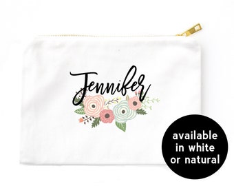 Flowers Personalized Cosmetic Bag, Custom Floral Makeup Bag, Clutch with Name and Flower Border, Lined Pouch Gold Zipper, Bridesmaid Gift