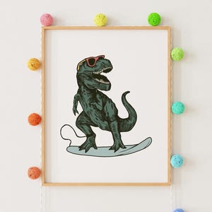 Surfing T-Rex Art Print: Beach Dinosaur Decor (Digital Download)