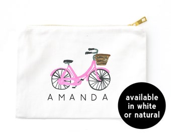 Pink Bicycle Personalized Cosmetic Bag / Custom Pink Watercolor Bike Makeup Bag, Clutch with Name and Beach Cruiser, Gift for a Bike Lover