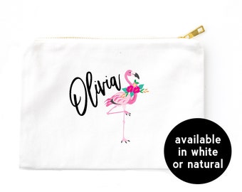 Flamingo with Flowers Personalized Cosmetic Bag, Custom Flamingo Makeup Bag, Lined Clutch with Name and Flamingo, Tropical Bachelorette Gift