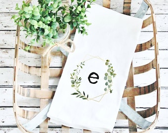 Greenery Wreath with Initial Personalized Flour Sack Tea Towel / Kitchen Hand Towel, Dish Cloth, Dish Towel / Custom Housewarming Gift/