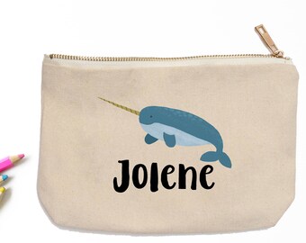 Narwhal Personalized Pencil Pouch // Custom Personalized Kids Cute Narwhal School Pencil Bag // Pencil Case