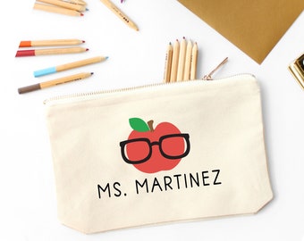 Personalized Teacher Pencil Pouch Funny Apple Wearing Glasses Custom Zipper Pencil Case Teacher Appreciation Gift