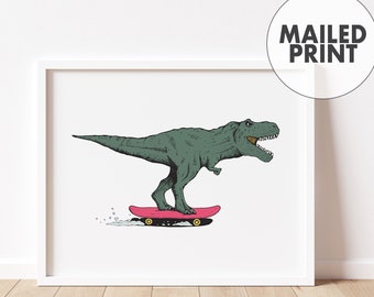 Skating T-Rex Wall Art • Skate Art for Kids Bedroom • Kids Skating Dinosaur Decor • Cool Art for Kids Bedroom • Printed and Mailed