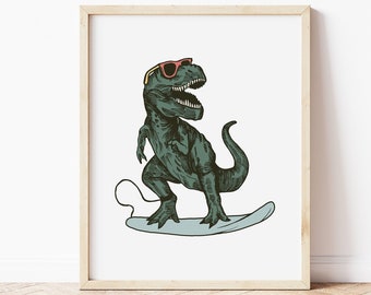 Surf T-Rex Wall Art • Surf Art per bambini Camera da letto • Bambini Surf Dinosaur Decor • Arte stampabile per una moderna camera da letto per ragazzi a forma di spiaggia