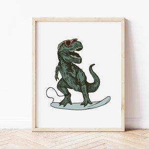 Surfing T-Rex Wall Art Surf Art for Kids Bedroom Kids Surfing Dinosaur Decor Printable Art for aModern Beach Themed Boys Bedroom image 1