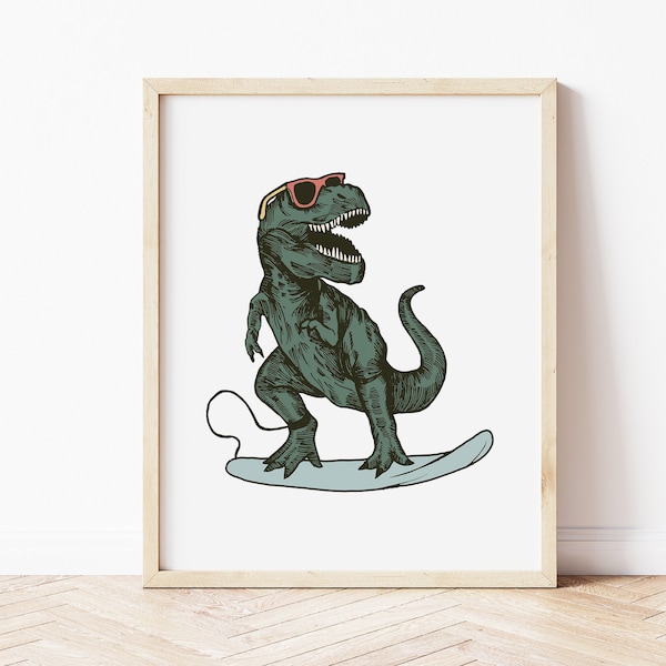 Surfing T-Rex Wall Art • Surf Art for Kids Bedroom • Kids Surfing Dinosaur Decor • Printable Art for a Modern Beach Themed Boys Bedroom