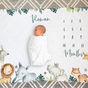 Safari Animal Baby Milestone Blanket, Personalized Baby Boy Baby Girl Month Blanket / Gender Neutral, Unisex Blanket, Watercolor Animals