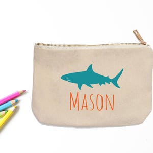 Shark Personalized Pencil Pouch // Custom Personalized Kids Shark School Pencil Bag // Pencil Case image 1