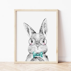 Watercolor Bunny Art Print Download • Rabbit with Glasses and a Bow Tie Wall Art • Printable Art for Boys Room • Baby Boy Nursery Wall Art