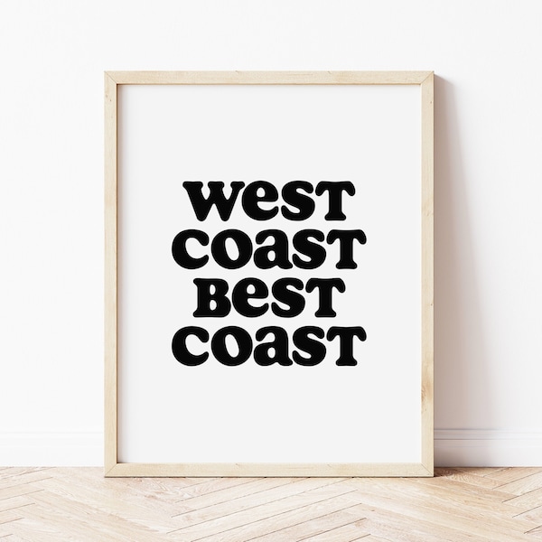 West Coast Best Coast Art Print • Surf Wall Art for Kids Bedroom • Modern Beach Art for Toddlers Room• Black and White Digital Printable Art