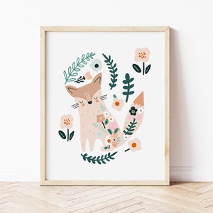 Fox Art Print • Scandinavian Folk Flower Fox Nursery Wall Art • Modern Nursery Decor • Floral Fox Printable Children's Art