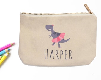 Dancing Dino Personalized Pencil Pouch // Custom Personalized Kids Dinosaur in a Tutu School Pencil Bag // Pencil Case