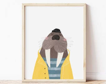 Sailor Walrus Wall Art Print • Nautische kinderkamer afdrukbare kunst • Moderne kinderkunst • Ocean Animals Poster Print • Instant Download