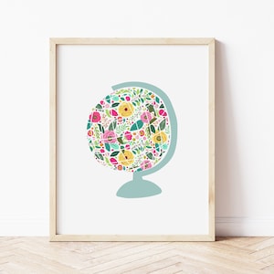 Floral Globe Wall Art Print • Printable Wall Art for Girls Bedroom • Modern Toddler Kids Room Decor • A World of Flowers Nursery Art