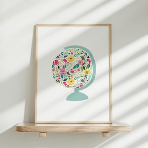 Floral Globe Wand Kunst Druck • druckbare Wandkunst für Mädchen Schlafzimmer • moderne Kleinkind Kinderzimmer Dekor • Eine Welt der Blumen Kinderzimmer Kunst