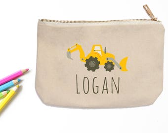 Bulldozer Personalized Pencil Pouch // Custom Personalized Kids Construction Bulldozer Truck School Pencil Bag // Pencil Case