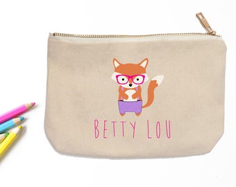 Woodland Hipster Fox Personalized Pencil Pouch // Custom Personalized Kids Fox School Pencil Bag // Pencil Case